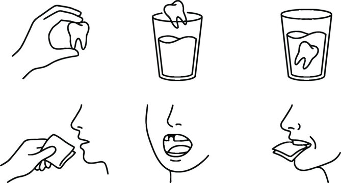 First aid sequence for a knocked-out tooth illustrating proper handling and reinsertion steps ideal for dental health education and emergency guides