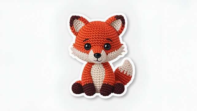 Handmade crochet fox plush toy sitting on white background. Cute knitted woodland animal figurine for children's decor and gifts.