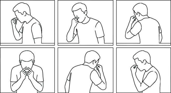 Black and white line art sequence illustrating a person picking their nose a visual representation of an unhygienic habit or social faux pas