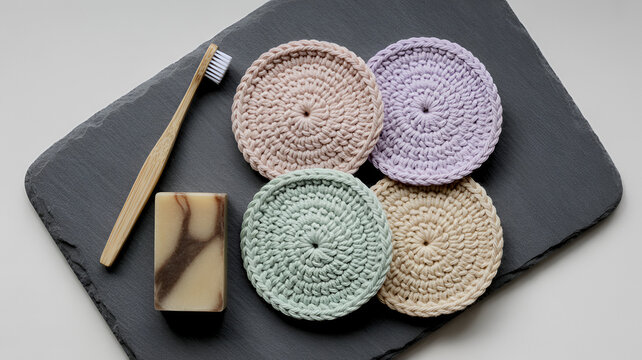 Handmade crochet coasters with yarn and hook on slate board. DIY crafting set for home decor and textile accessories.