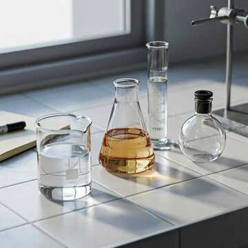 Laboratory glassware with liquids on a tiled surface and window science experiment