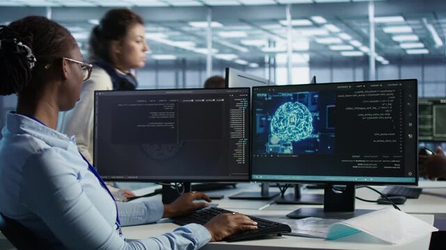 Engineer ending job shift after upgrading AI tech, camera B close up, while woman leaving desk after finishing programming tasks in AI data center supporting machine learning training.