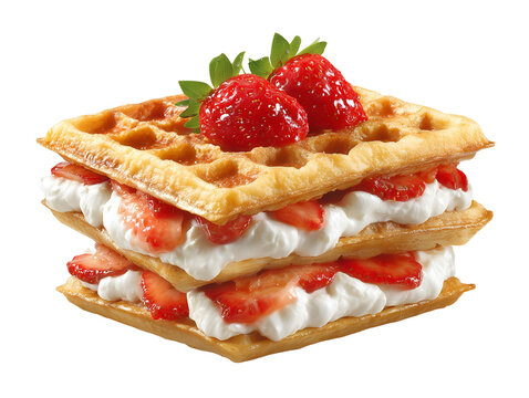 Layered Belgian-style waffles filled with whipped cream and fresh strawberries, topped with whole strawberries, isolated on a white background.