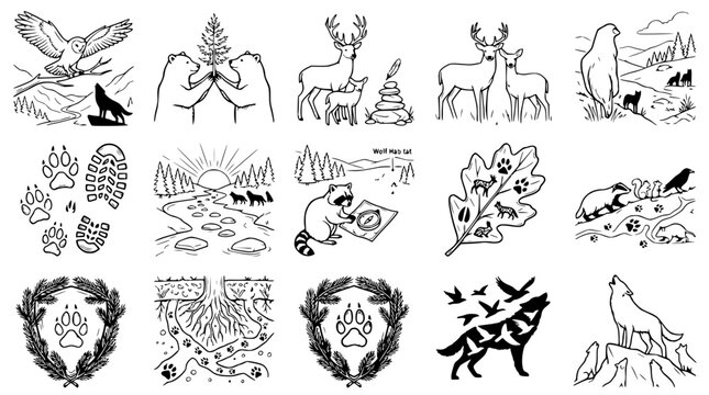 Whimsical Wildlife Line Art Collection: Animals, Nature, and Forest Scenes in a Hand-Drawn Style