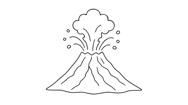 Erupting volcano vector illustration with lava flow and ash cloud, hand-drawn outline icon for geological and natural disaster design