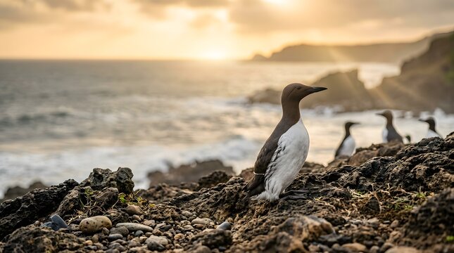 A group of common murres resting on a rocky coastal cliff at sunset