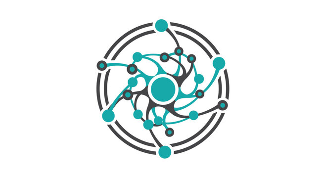 Circular network node icon with teal accents.
