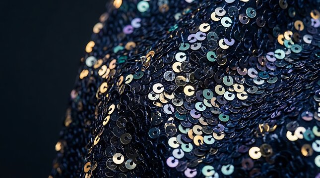 Shimmering dark blue sequins on elegant evening fabric texture
