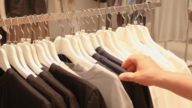 Man chooses white and black sweaters hanging on hanger in store.