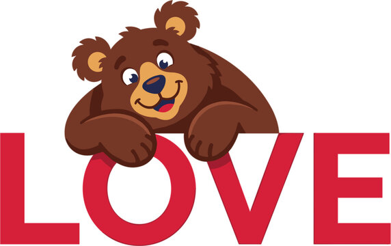 Cute teddy bear with love typography romantic Valentine greeting design adorable cartoon vector illustration for cards and gifts