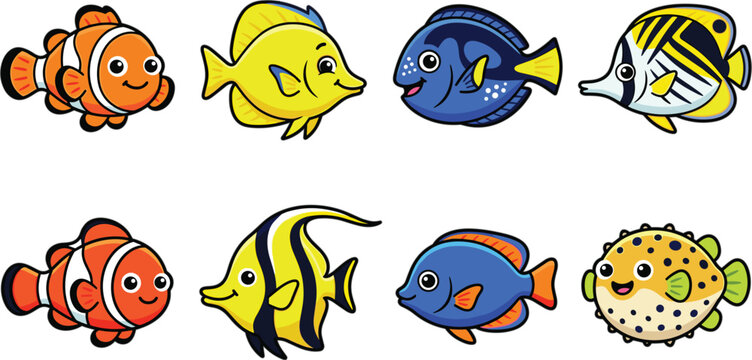 Cute tropical aquarium fish collection featuring clownfish tang angelfish butterflyfish and pufferfish cartoon vector illustration set