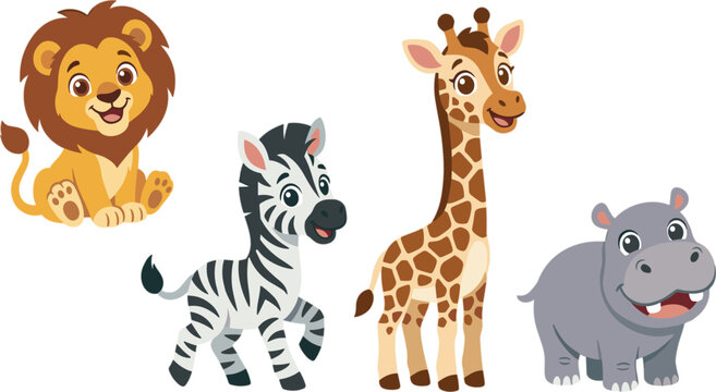 Cute safari animal collection featuring lion zebra giraffe and hippopotamus cartoon wildlife vector illustration set for children
