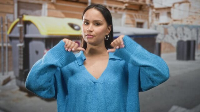 Woman wearing blue sweater stands with double thumbs down toward a dumpster on a city street, neutral expression; disapproval.
