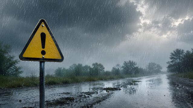 Storm Warning Sign on Rain Soaked Road