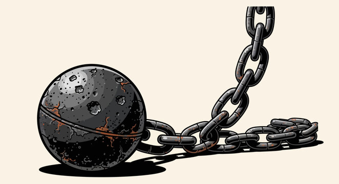 Illustration of a rustic metal ball and chain symbolizing restriction and burden.