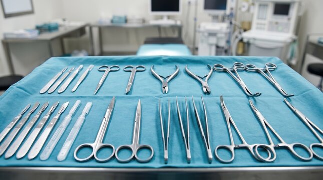 Surgical instruments tray prepared for operation in sterile operating room, medical equipment and tools for surgery procedure background