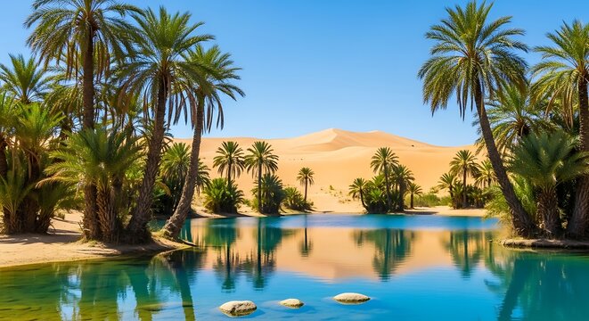 Scenic desert oasis with palm trees and blue water pond against sand dunes