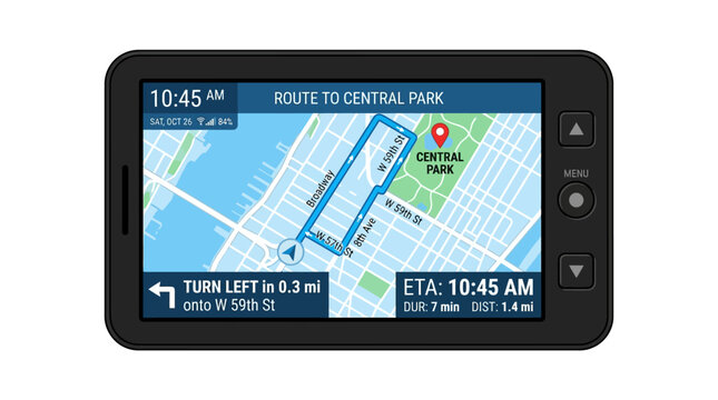 GPS Navigation Device with Route to Central Park Vector