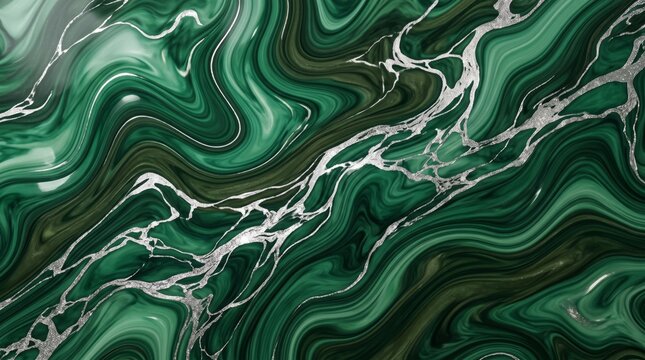 Luxury emerald green liquid marble texture with silver glitter veins and swirls background abstract luxurious metallic