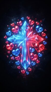 Glowing crystal cross split between blue and red with floating hearts religion spiritual shimmering gemstone background