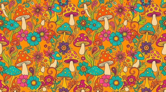 Psychedelic mushroom and flower seamless pattern in retro style