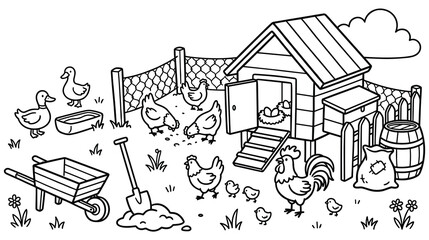 Countryside farm yard with chicken coop rooster hen chicks and equipment. © SADIKUR
