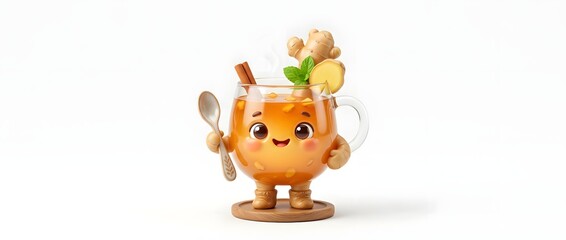 Fototapeta premium Cute cartoon cup of ginger tea with smiling face and spoon