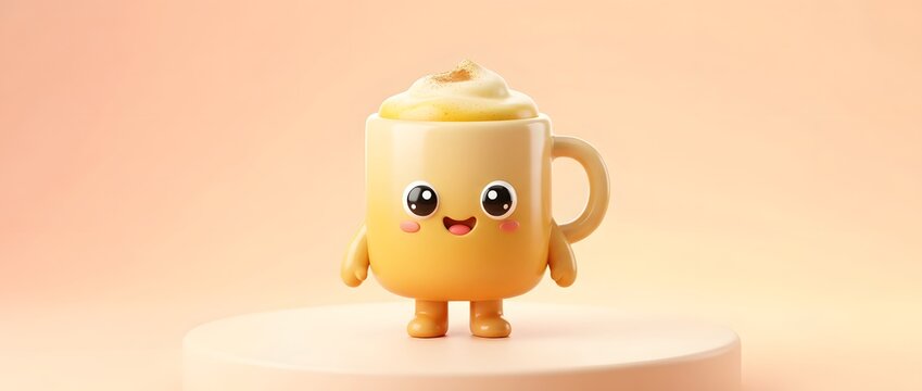 Cute anthropomorphic coffee cup character with whipped cream topping
