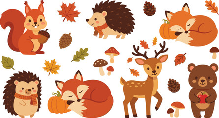Fototapeta premium Cute Woodland Forest Animals Collection Vector Set with Fox Deer Hedgehog Bear Squirrel Autumn Leaves and Cozy Wildlife Illustrations