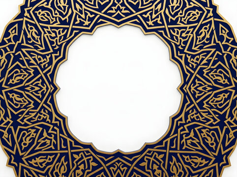 Islamic geometric pattern frame with gold filigree on navy blue background, elegant mandala border for ramadan and eid celebrations. Traditional arabic ornamental circular design with central