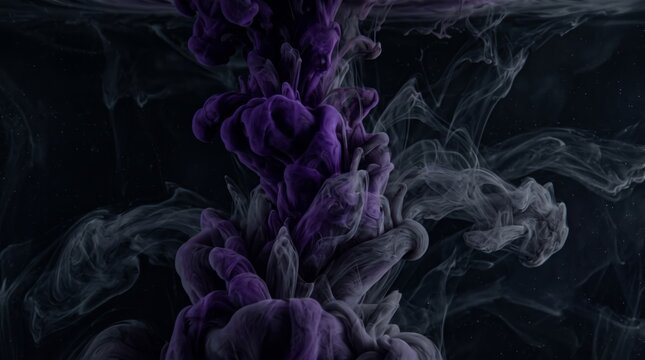 Abstract purple ink swirls in water on black background with abstract creative movement underwater backdrop ethereal