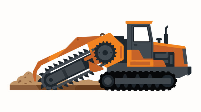 Trencher machine digging a trench. Heavy construction equipment for utility installation.