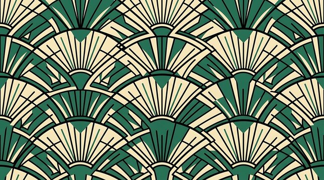 Emerald green and cream geometric art deco fan pattern