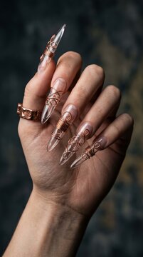Elegant long stiletto nails with intricate gold jewelry design and rings manicure stiletto accessory glamorous detailed