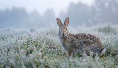 Naklejka premium Cute wild rabbit looking at camera in misty morning grassland with dewy grass