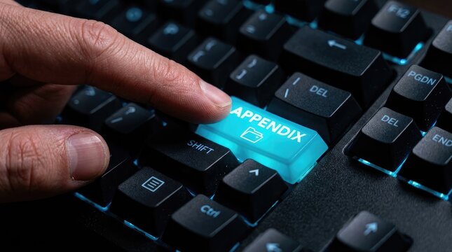 Human finger pressing a glowing blue appendix key on a modern black mechanical computer keyboard