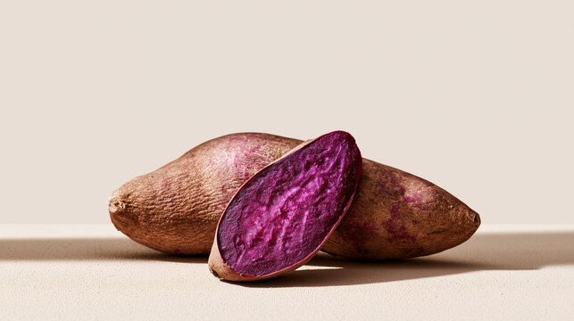 Whole and Sliced Ube Purple Yams on Beige Background with Copy Space