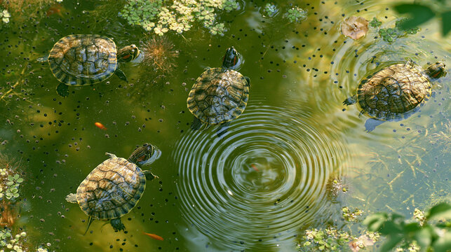 Small turtles swimming in a green pond with water ripples, wildlife and nature concept.