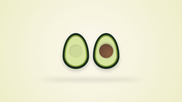 Stylized avocado halves with falling leaves on light background