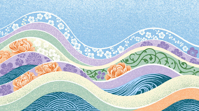 和柄 和紙 曲線 青海波 牡丹 梅 唐草 伝統 文様 青 和風 背景 素材 japanese pattern wavy line wave peony plum blossom oriental paper background material blue