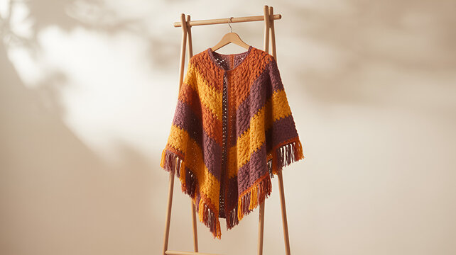 Handmade bohemian fringe shawl hanging on wooden hanger. Rustic ethnic knit wrap with tassels for fashion styling and cozy autumn outfits.