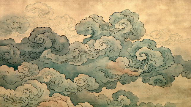 雲 霊芝雲 伝統 文様 浮世絵 風 水彩 和風 背景 素材 古紙 japanese cloud traditional oriental pattern watercolor background material aged paper art