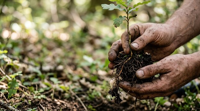 Dirty hands holding a small tree sapling for planting in the forest