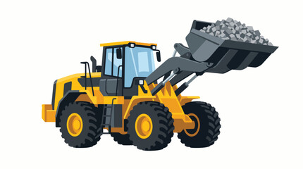 Fototapeta premium Wheel loader moving gravel at construction site. Heavy machinery transporting sand materials.