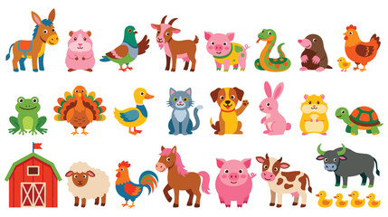 Fototapeta premium Cute farm animals collection featuring livestock and domestic pets icons.