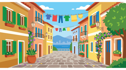 Obraz premium Colorful street with hanging laundry in summer between vintage houses top.