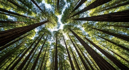 Wide angle shot looking up at a towering redwood forest canopy © Darminah