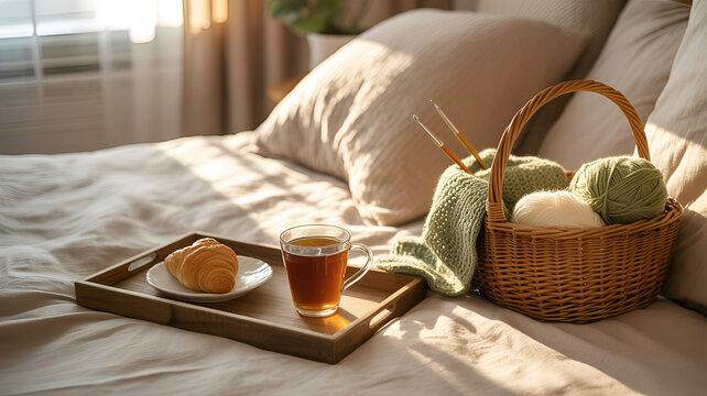 Breakfast in bed with tea and pastries. Cozy morning tray setup with woven basket and linen napkin.