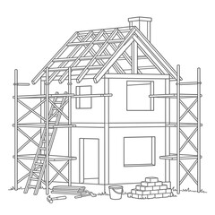 Fototapeta premium Outline drawing of a residential house under construction with wooden scaffolding and roof framing