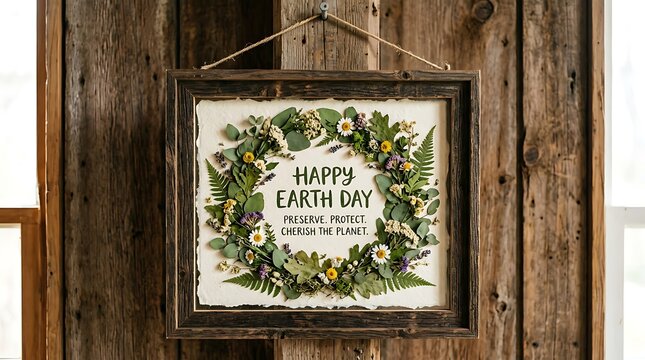 Happy Earth Day rustic wooden frame with botanical wreath and environmental message on wooden wall